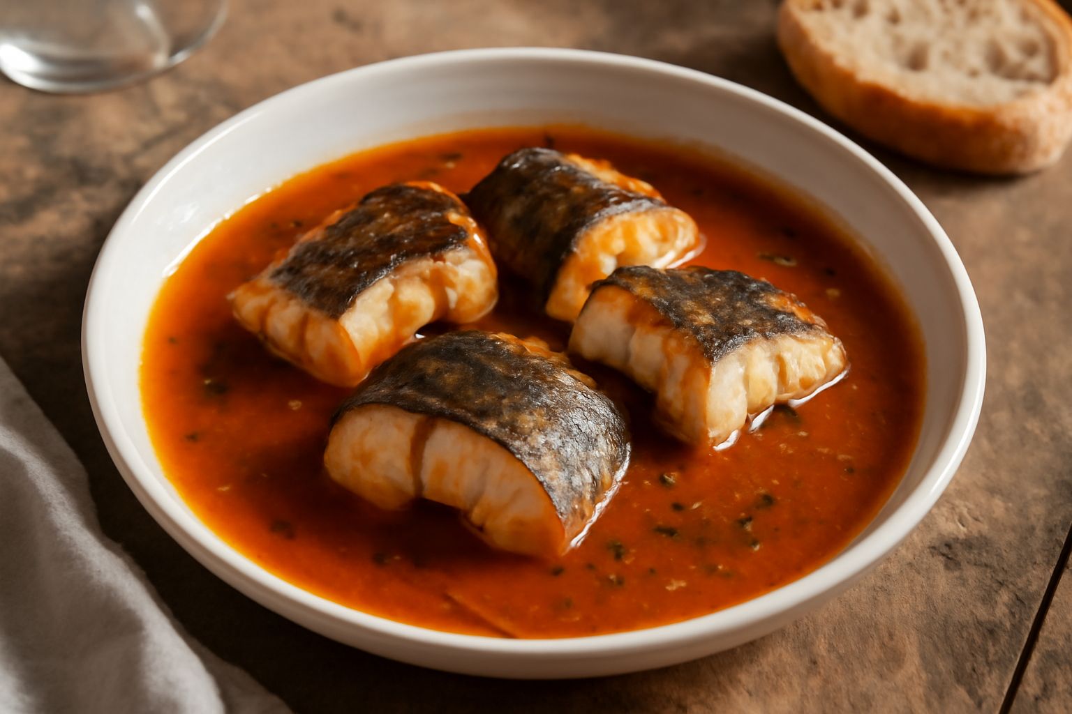 Murena cotta in umido dentro un piatto fondo bianco, circondata da salsa di pomodoro arancione, aglio schiacciato e acciughe disciolte, bordo di prezzemolo fresco tritato, pane tostato sul lato del pi