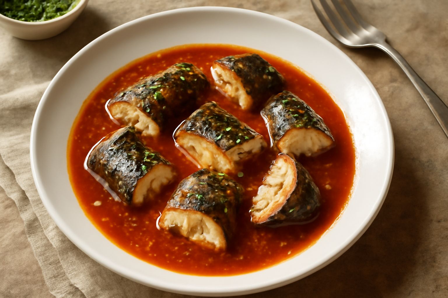 Murena cotta in umido in una ciotola di ceramica bianca, circondata da salsa di pomodoro rossastra, prezzemolo fresco verde e fette di limone giallo, con vino bianco nel bicchiere sullo sfondo