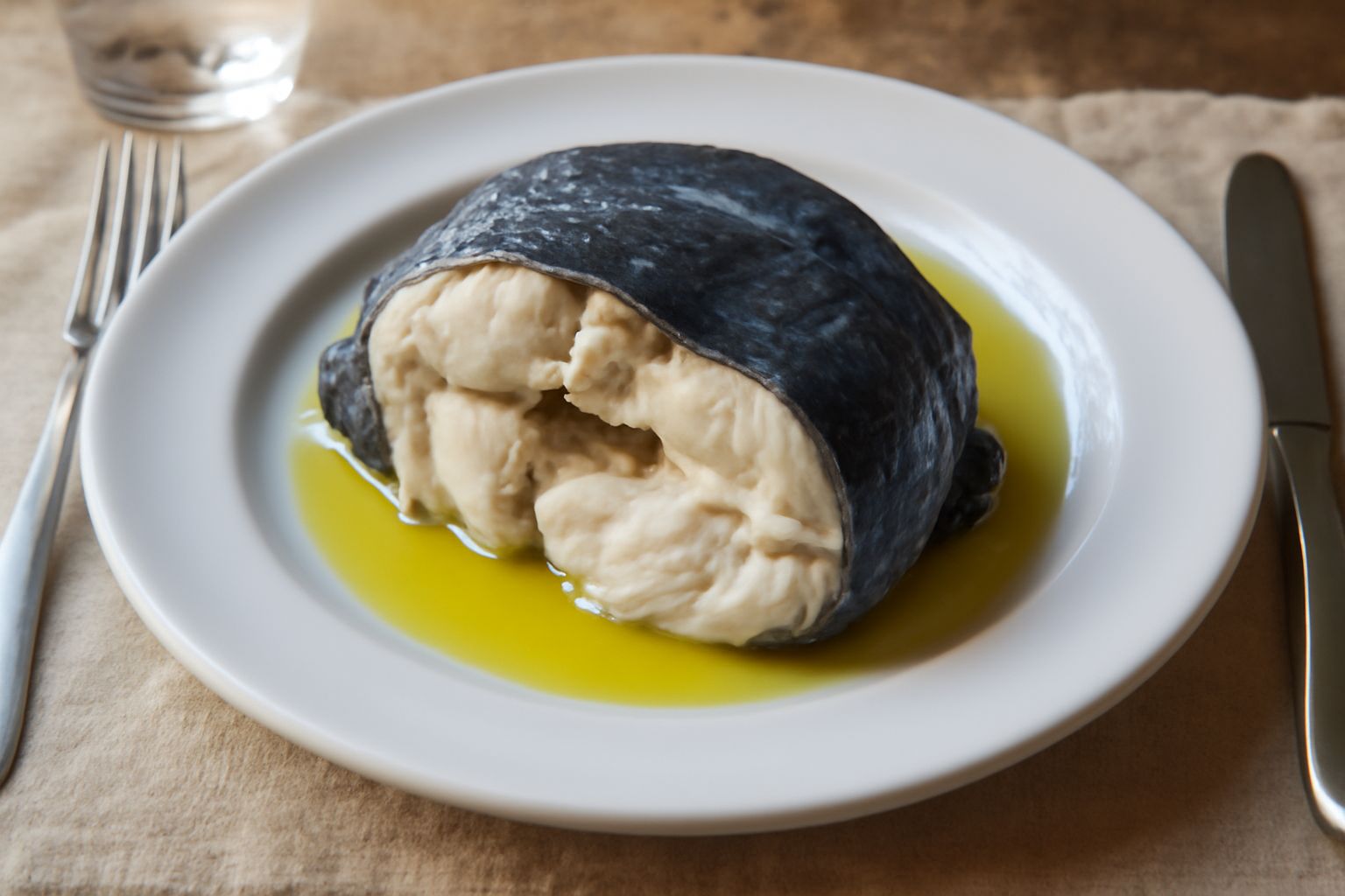 Murena desalata su un piatto bianco, con pelle scura e lucida, contornata da spicchi di limone fresco, prezzemolo verde e filo di olio d'oliva versato delicatamente