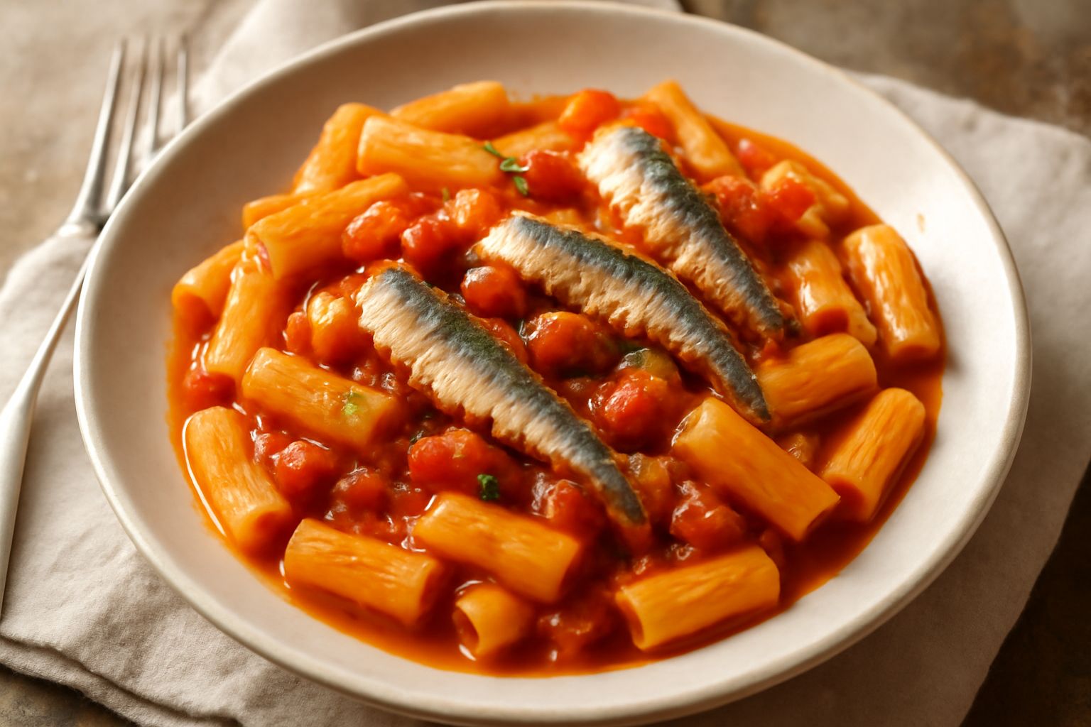 Piatto di muscaredda con pasta corta rivestita di sugo rosso di pomodori e sardine, guarnito con finocchietto selvatico fresco e filetti di sardina visibili