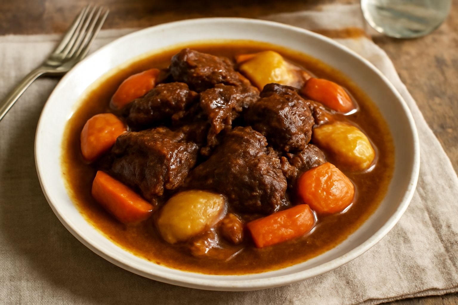 Ciotola di ceramica bianca con stufato di agnello tenerissimo, pezzi di verdure arancioni e marroni, brodo scuro e lucido, guarnito con prezzemolo fresco verde