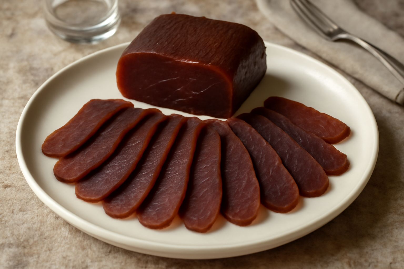 Fettine di musciame di tonno marrone scuro disposte a ventaglio su un piatto bianco, con superficie lucida e leggermente affumicata, accompagnate da limone fresco tagliato