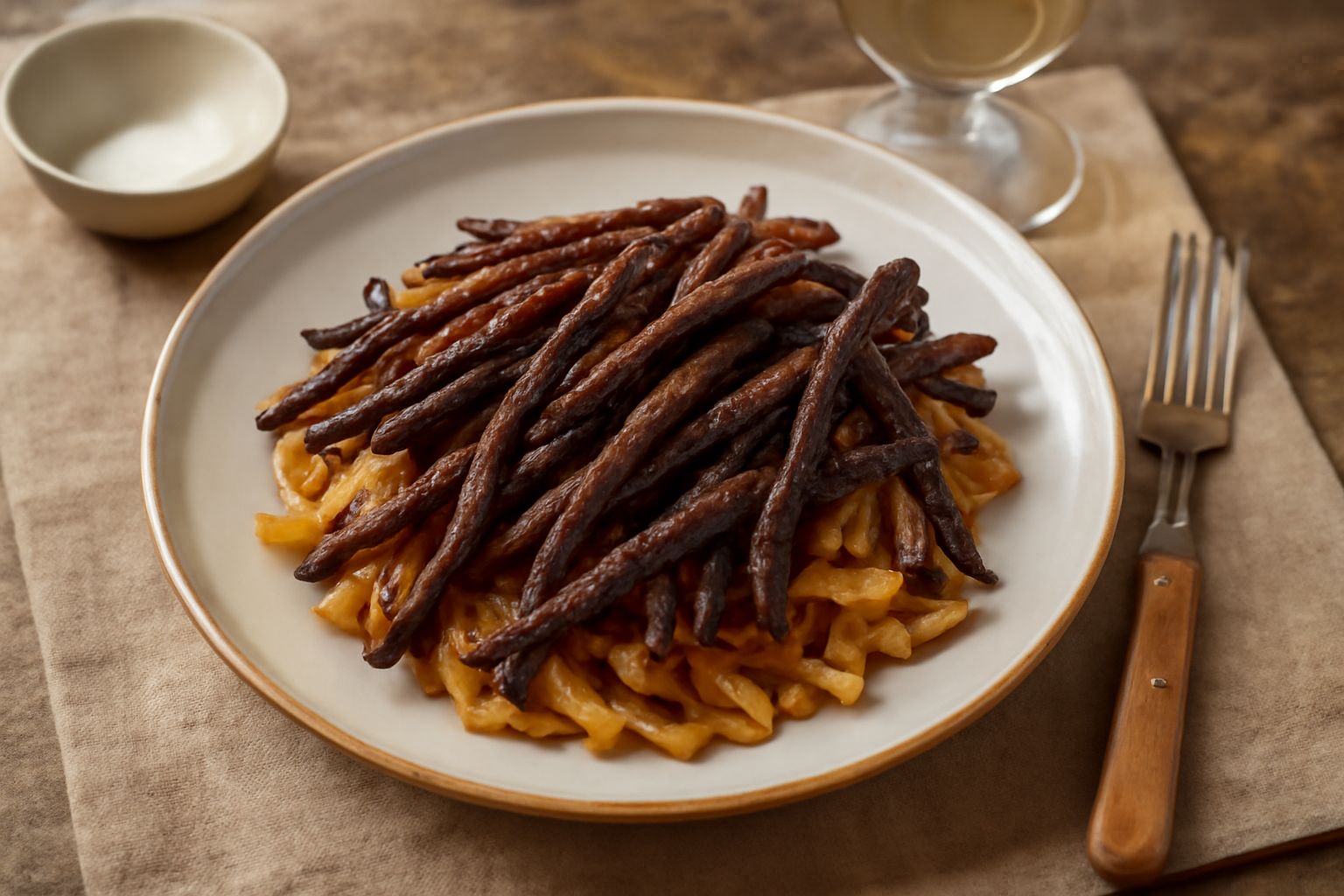 Strisce di carne secca color marrone scuro disposte su un piatto bianco, dal colore uniforme e dalla superficie leggermente rugosa, con tracce di sale visibili sulla superficie