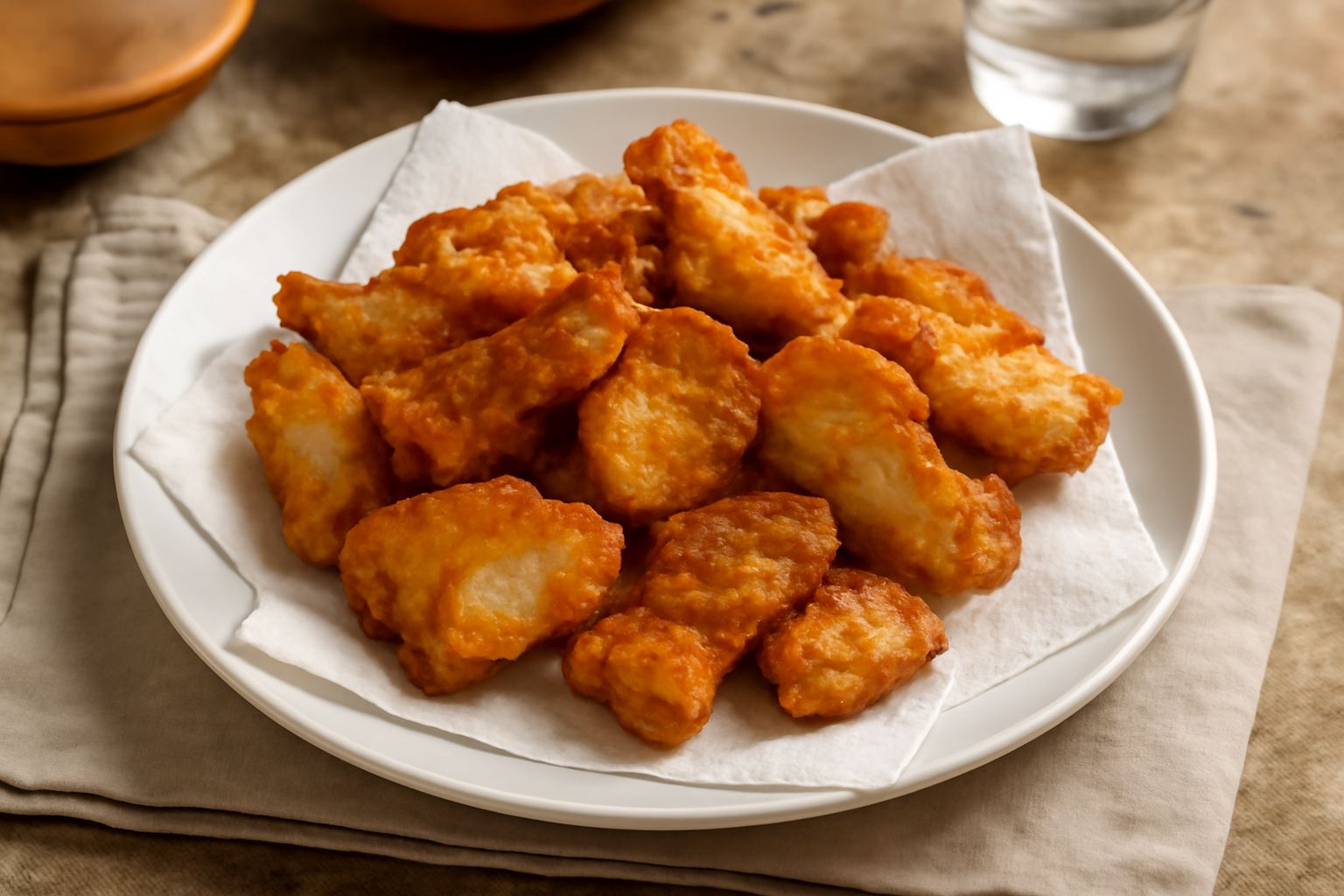 Piatto di «muscisca» fritta dorata e croccante, pezzi di pesce fritto disposti su carta assorbente bianca, con limone fresco tagliato a spicchi e prezzemolo verde accanto