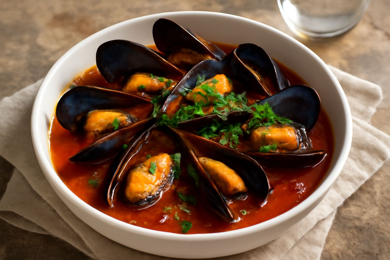 Muscoli aperti e rossi di pomodoro in umido, disposti in una ciotola bianca, con prezzemolo verde sparguto sopra e brodo rosso che ricopre il fondo