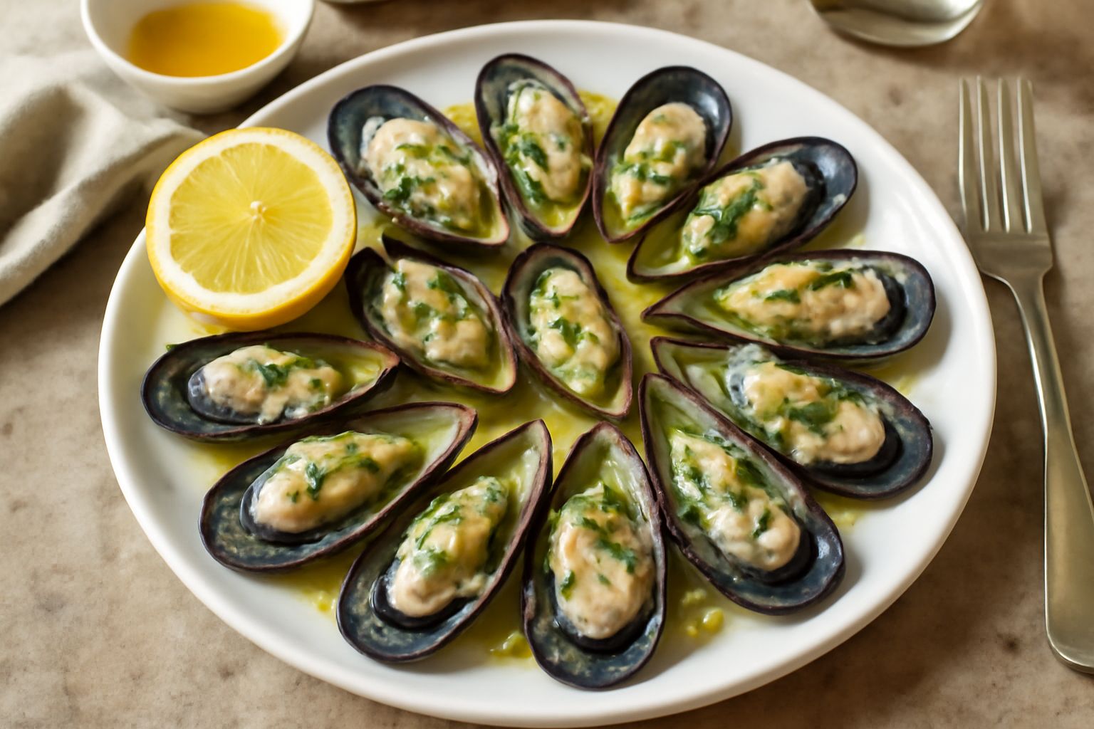 Muscoli aperti e puliti disposti su un piatto bianco con marinatura di limone fresco, olio d'oliva, prezzemolo tritato e aglio minuzzato. Polpa bianca e trasparente, visibile il succo giallo della mar