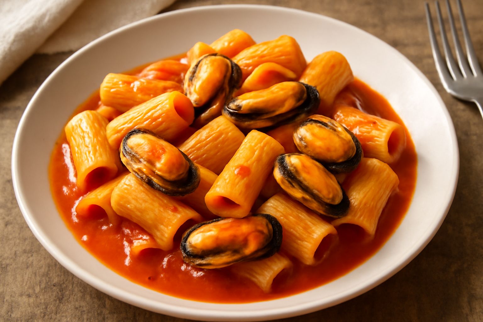 Piatto di muscoli rigatoni con pasta rigatoni ripiena di muscoli aperti in salsa rossa di pomodoro, guarnito con prezzemolo fresco verde e filo d'olio, su sfondo bianco