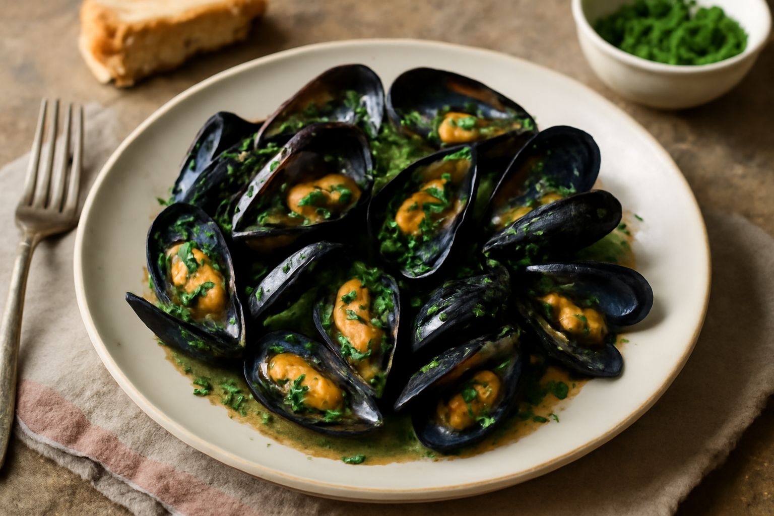 Muscoli aperti e cotti in una padella con prezzemolo fresco, spicchi d'aglio e olio di oliva, su fondo scuro di cucina
