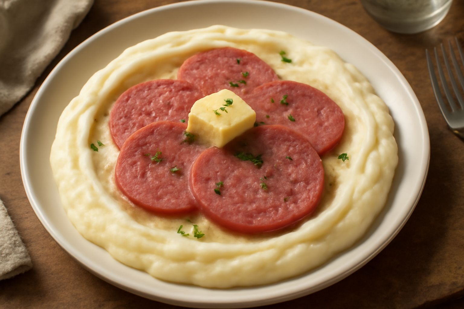 Piatto bianco con muset rosato affettato in fette regolari, adagiato su una purea di patate bianco crema, guarnito con prezzemolo verde fresco e una noce di burro al centro
