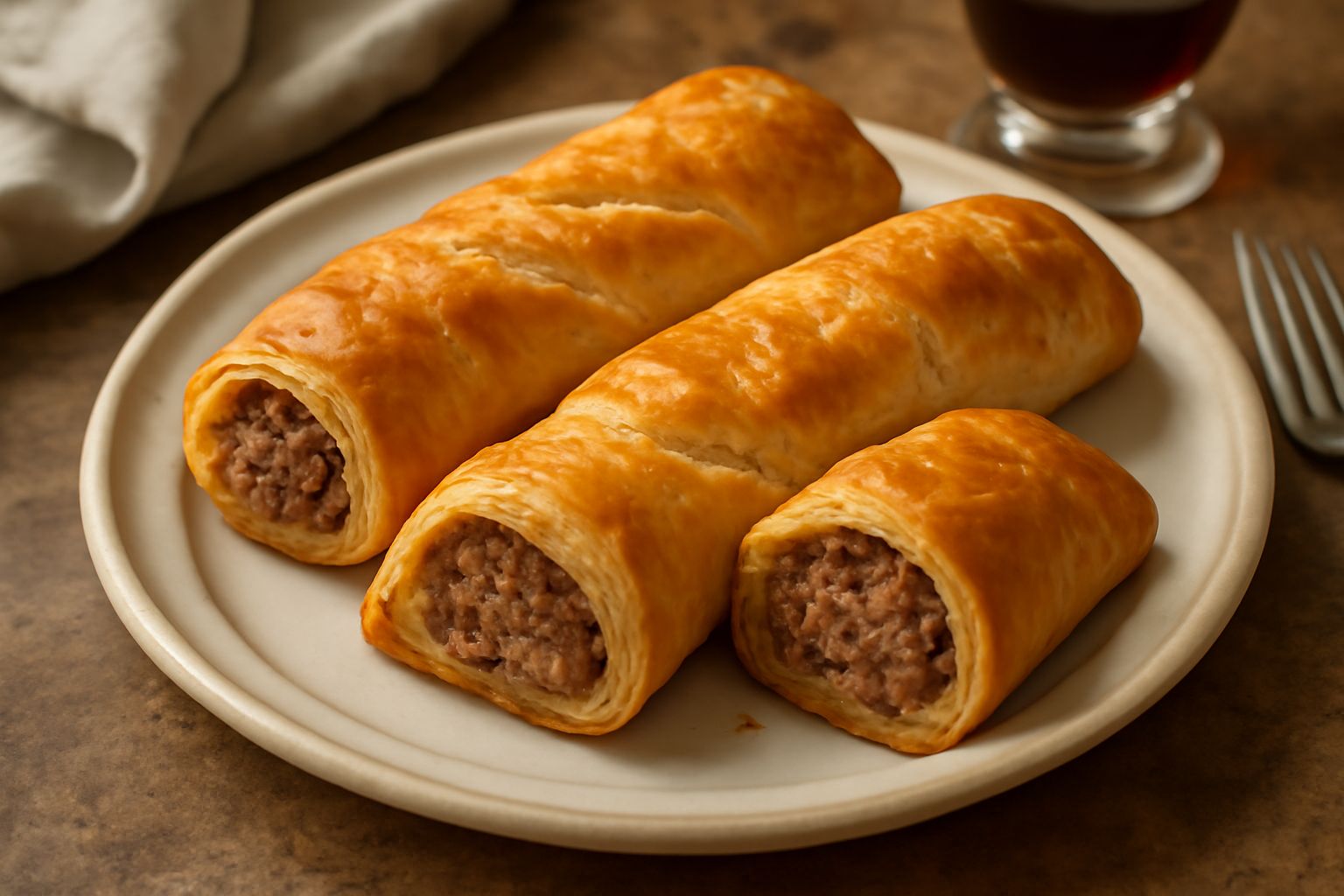 Tre involtini di pasta sfoglia croccante e dorata, ripieni di carne di muset sminuzzata, disposti su un piatto bianco, con sfumature di oro e marrone scuro