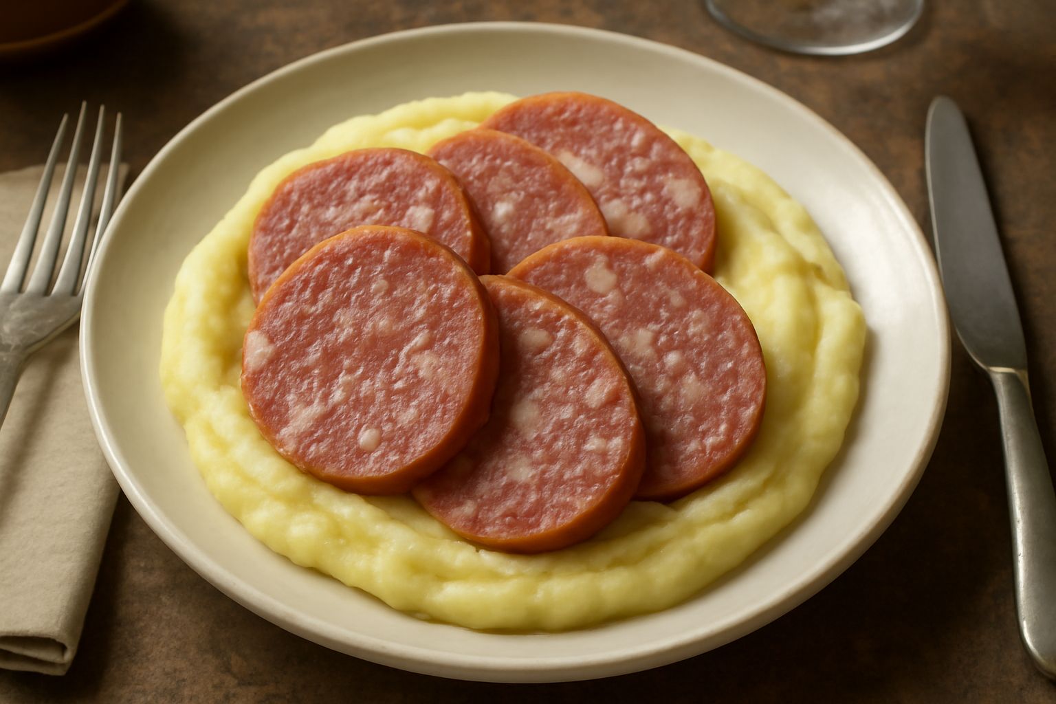 Musetto affettato su un piatto bianco, fette rotonde color marroncino-rosato con grana visibile, accanto purè di patate fumante e verza cotta, posto su tavolo di legno rustico