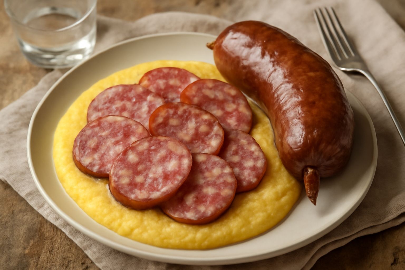 Fette di musetto affumicato dal colore marrone dorato con sfumature scure, tagliate sottilmente e disposte su un piatto bianco, contorno di pane tostato e pepe nero visibile sulla superficie