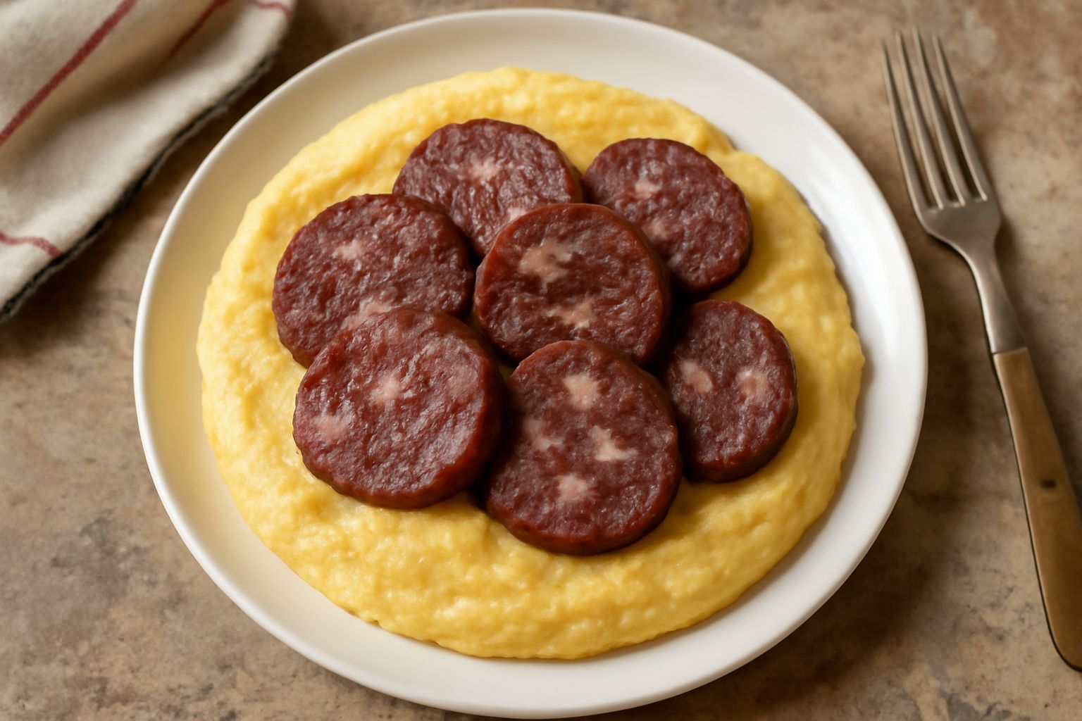 Piatto di polenta giallo pallido su cui riposa una fetta di musetto marroncino con piccole venature bianche, contornato da sugo di cottura lucido, guarnito con prezzemolo verde