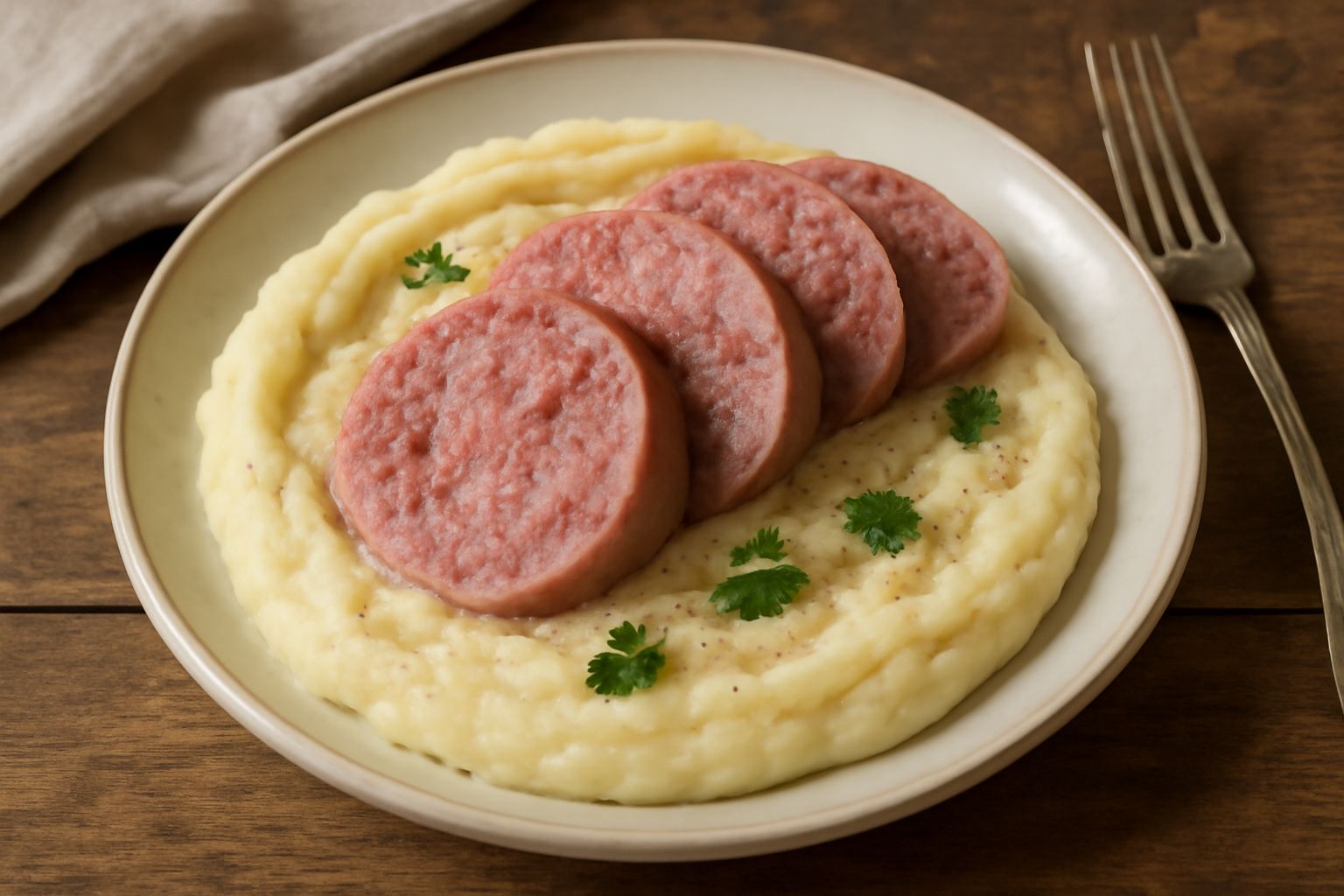 Piatto bianco con fette di musetto rosa e saporito adagiate su un morbido purè bianco cremoso, guarnito con pepe nero e prezzemolo fresco