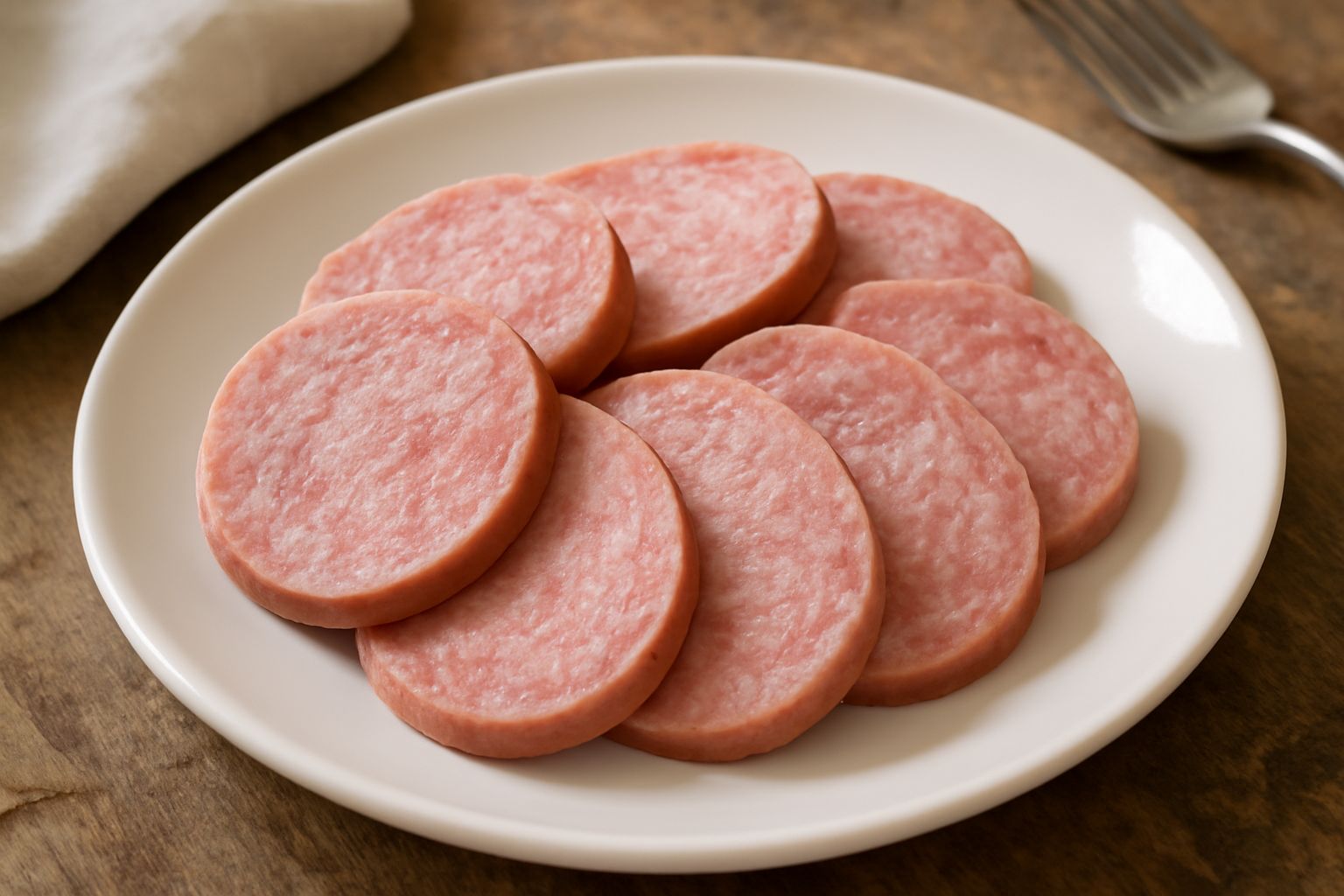 Fette di musetto freddo affettate disposte a ventaglio su un piatto bianco, con colore rosa pallido e grana visibile, accompagnate da pane tostato ai bordi