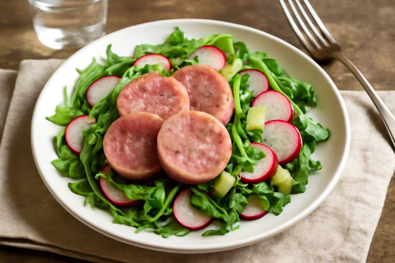 Piatto bianco con fette sottili di musetto color rosato circondate da rucola verde scuro, ravanelli rosa affettati sottili, cipolla bianca e aceto balsamico scuro, condimento lucido visibile su verdur