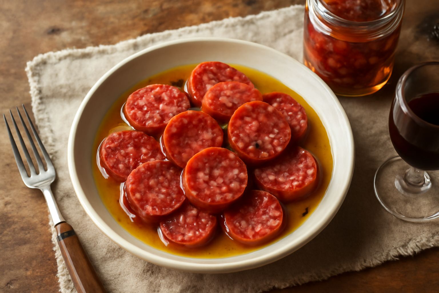 Vasetto di vetro trasparente con musetto affettato immerso in olio dorato, visibili granelli di pepe nero e spezie, erbe aromatiche galleggianti, su fondo bianco