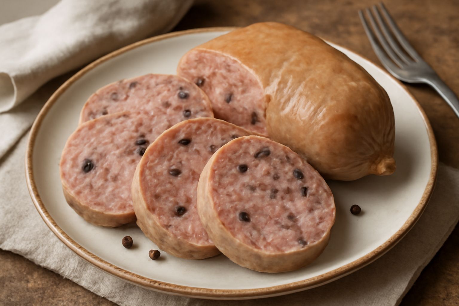 Musetto modichese affettato su un piatto bianco, con fette rosa pallido e grigie, contorni scuri di spezie visibili nella polpa, con pane tostato accanto