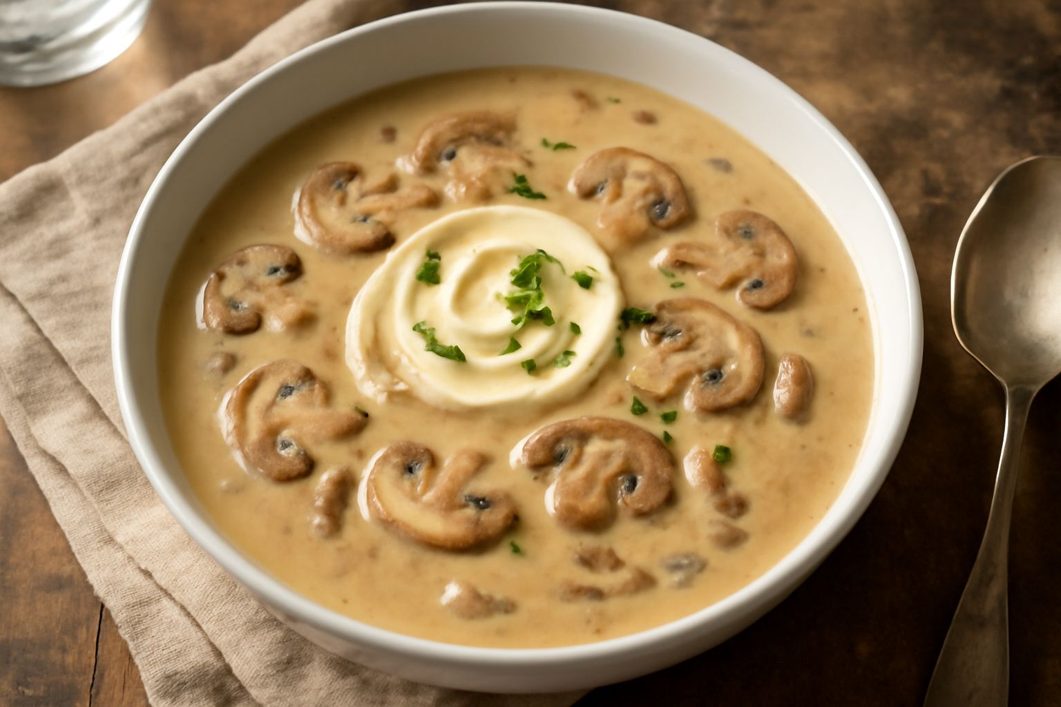 Una ciotola bianca con salsa di funghi e panna color crema, ricoperta da dischetti di funghi soffritti, guarnita con prezzemolo fresco tritato e un filo di panna a crudo, in primo piano su tavolo grig