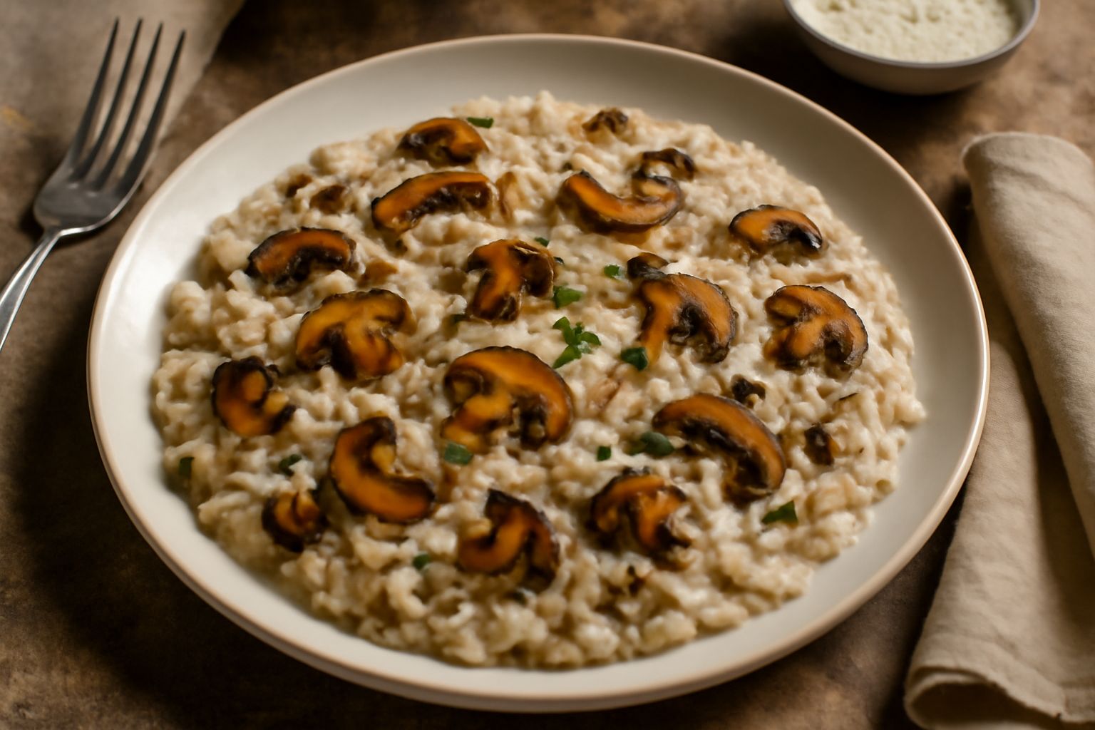 Un piatto di risotto ai funghi color avorio con screziature di funghi marroni, gocce di olio d'oliva in superficie, grattugia di parmigiano e prezzemolo verde fresco sparso sopra