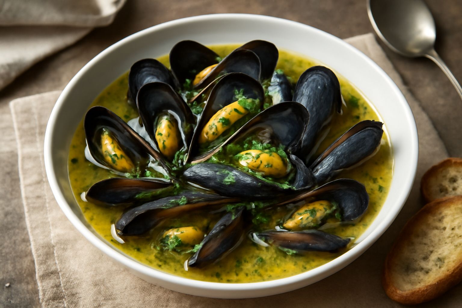 Zuppa di cozze in ciotola bianca con cozze aperte grigio scuro, brodo giallo dorato con gocce di olio, prezzemolo verde disperso in superficie, fette di pane tostato a lato