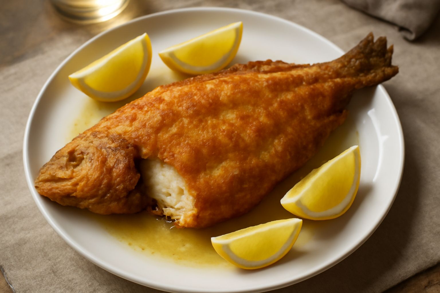 Musso intero fritto dorato e croccante su un piatto bianco con contorno di limone fresco affettato e prezzemolo verde, sfondo neutro