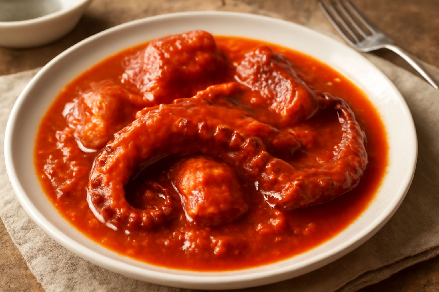 Polpo cotto al pomodoro in un piatto bianco fondo: tentacoli morbidi rossi di sugo, pomodori a pezzi, oliva verde nella salsa rossa densa, pane tostato ai lati