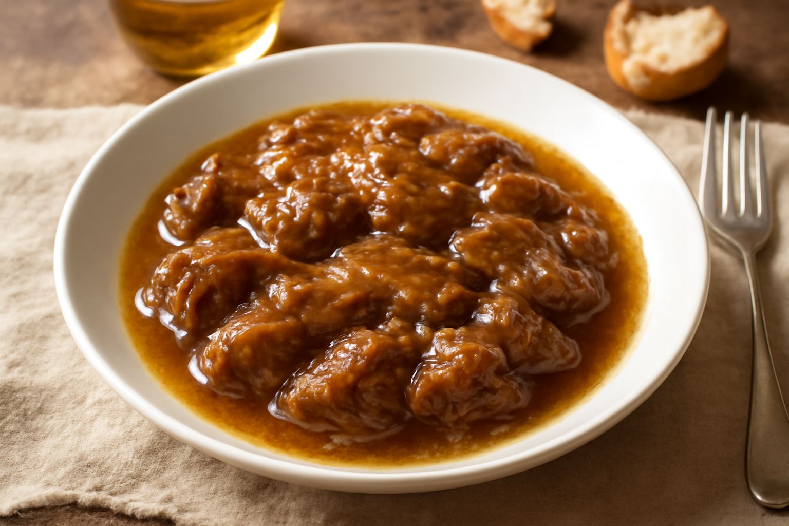 Muso di vitello cotto a pezzi in umido, marrone dorato, in un piatto fondo bianco con brodo ricco, contornato da carota e cipolla sfatta, con rosmarino fresco in evidenza