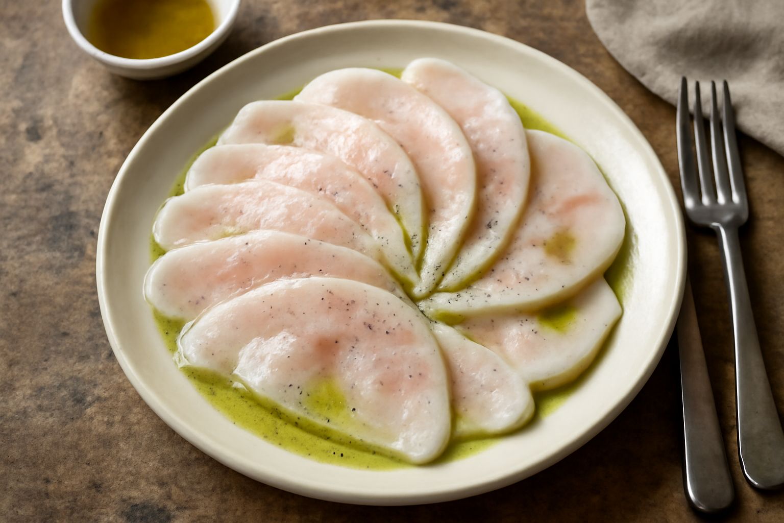 Mussu rigginu servito in piatto bianco, fettine di muso di vitello tagliate finemente, condite con olio d'oliva verde e prezzemolo fresco tritato, accompagnate da limone affettato e pane tostato ai la