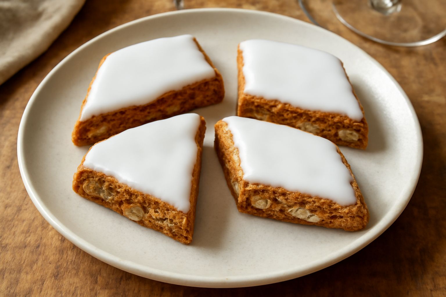 Biscotti dorati a forma di diamante posti su una superficie bianca, con glassa di zucchero che brilla, mandorle intere visibili sulla superficie, croccantezza evidente dalla frattura