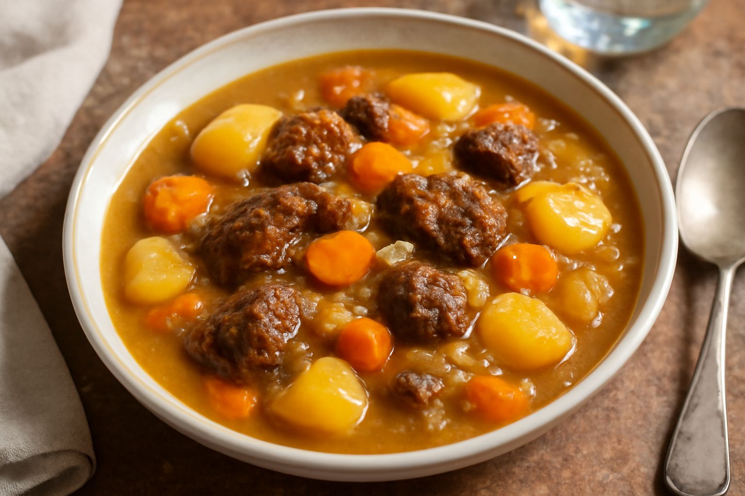 Piatto di porcellana bianca con mutton stew: carne ovina marrone scuro, patate gialle, carote arancioni e cipolle in un brodo ricco, guarnito con prezzemolo verde, servito con cucchiaio di legno su to