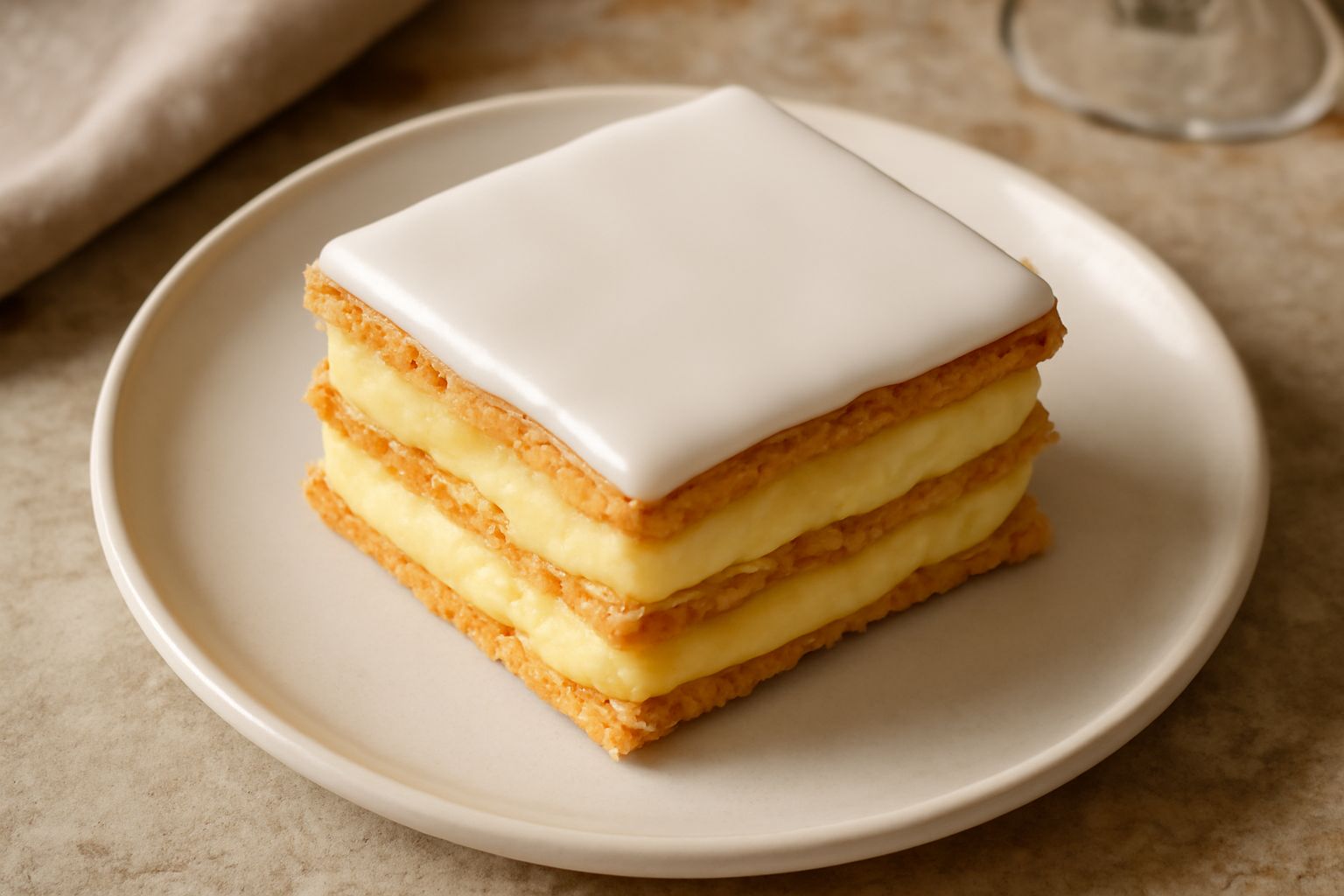 Torta Napoleone intera con sfoglia dorata e croccante, glassa bianca liscia in superficie, fetta tagliata che mostra gli strati di crema pasticcera gialla e sfoglia, impiattamento su piatto bianco