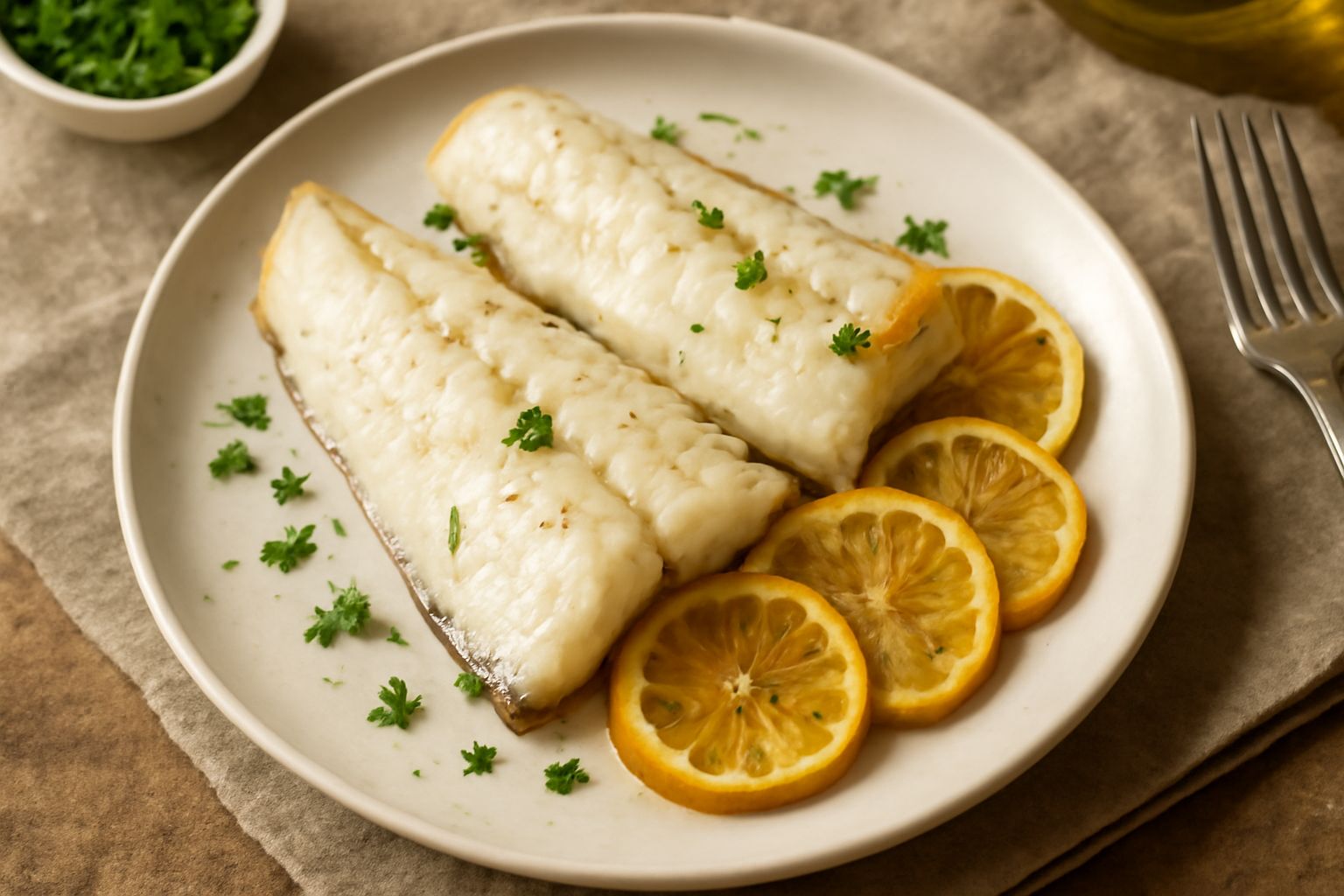 Filetti di nasello dorati nel piatto, contornati da fette di limone, una spruzzata di prezzemolo fresco verde e gocce di olio d'oliva, con verdure cotte nel fondo del piatto