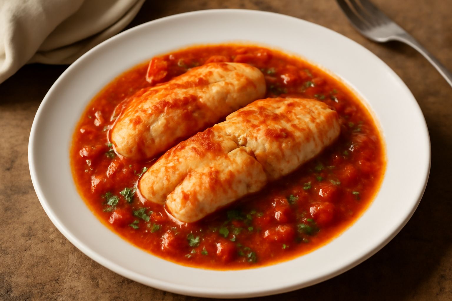 Filetti di nasello rosa-bianchi in salsa rossa di pomodoro fresco, guarniti con basilico verde, serviti in un piatto bianco fondo con contorno di pomodorini e sedano