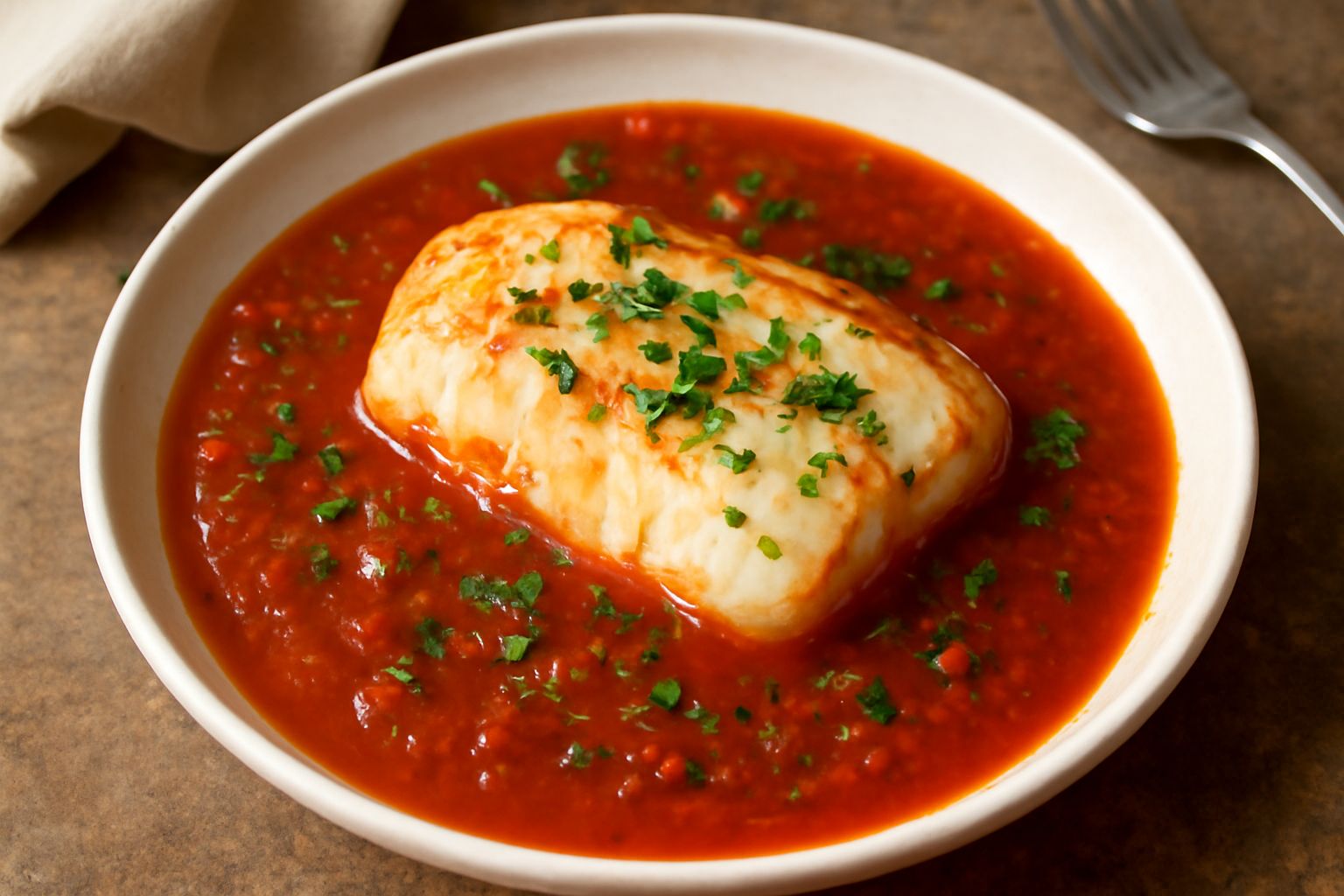 Filetto di nasello bianco e tenerissimo in sugo di pomodoro rosso vivo, cosparso di prezzemolo fresco tritato, in un piatto fondo bianco con pane tostato accanto