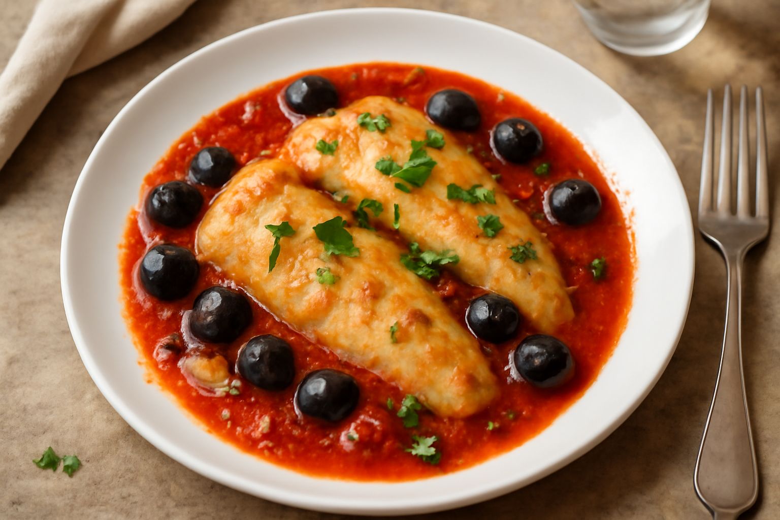 Filetti di nasello dorati in salsa di pomodori rossi con olive nere e peperoncino rosso, impiattati su piatto bianco con contorno di prezzemolo fresco