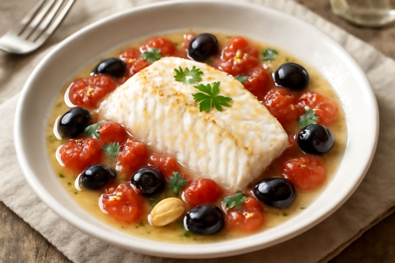 Un filetto di nasello bianco e tenero sdraiato in un piatto fondo di terracotta, circondato da brodo chiaro con pomodori rossi spezzati, olive nere, prezzemolo fresco verde e gocce di olio dorato. Vap