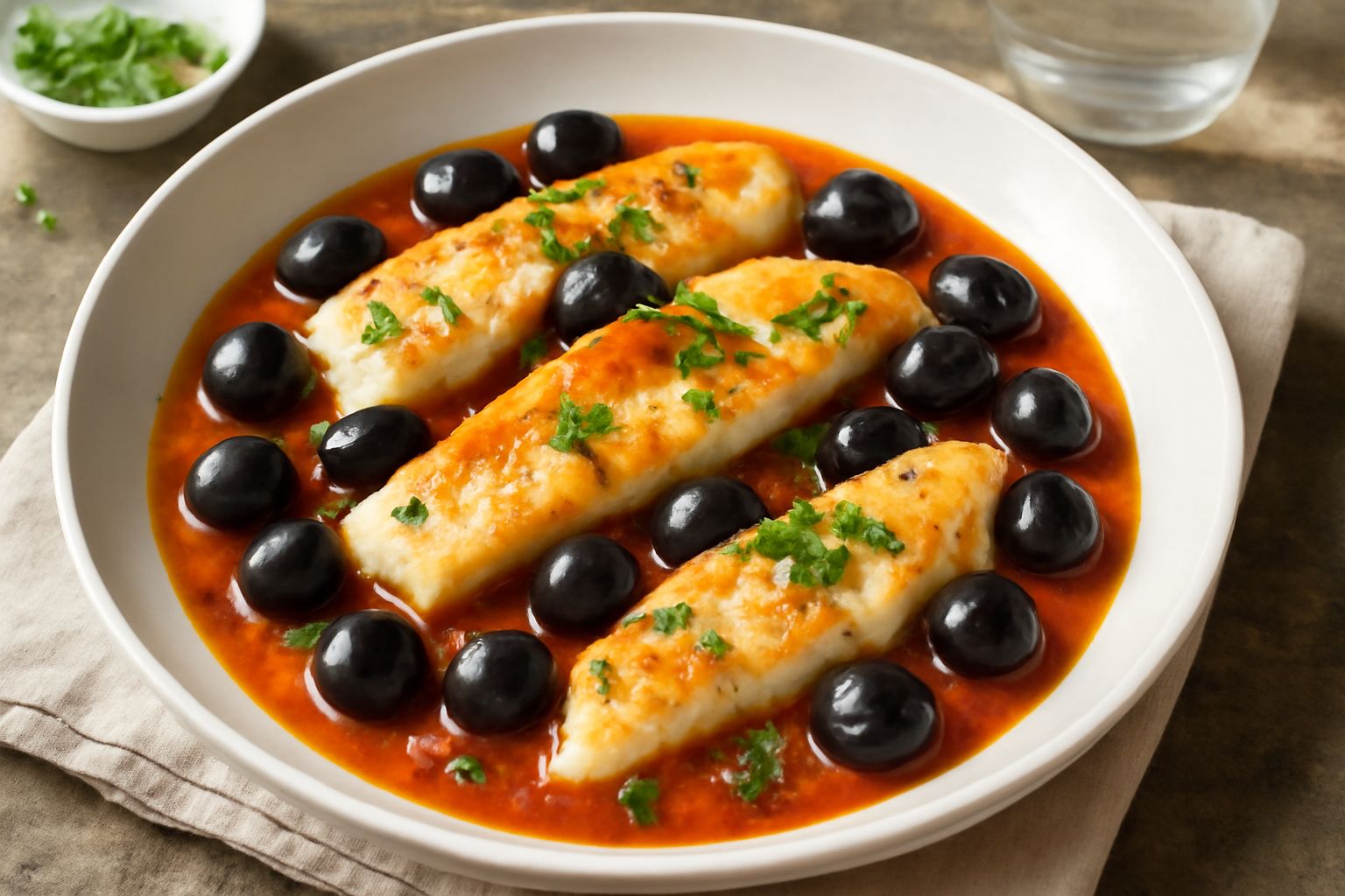 Filetti di nasello dorato in padella, ricoperti da olive nere intere, pomodori rossi affettati e prezzemolo verde fresco, con un filo di olio d'oliva lucido