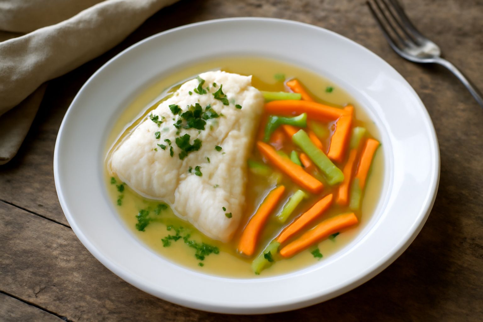 Filetto di nasello bianco e tenero in un piatto fondo, adagiato su brodo trasparente con carota, sedano e prezzemolo fresco, limone a lato