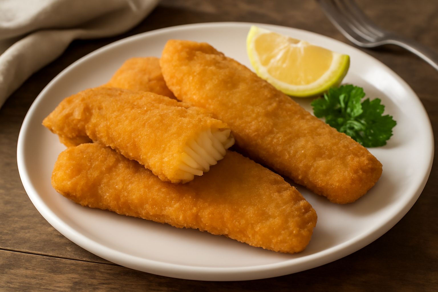 Filetti di nasello fritti dorati e croccanti disposti su piatto bianco con spicchi di limone fresco, serviti con contorno di verdure al vapore