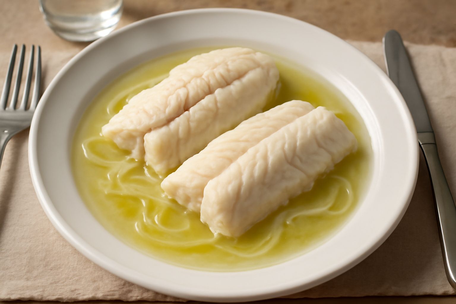 Filetti di nasello bianco opaco in un piatto fondo cremisi, circondati da brodo trasparente, cipolla morbida e una spruzzata di prezzemolo fresco tritato