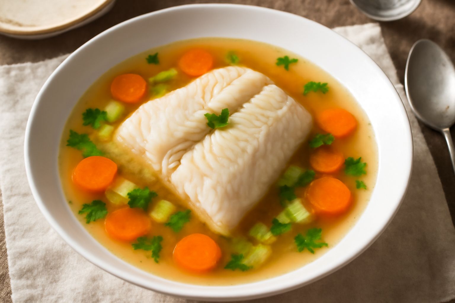 Ciotola di brodo trasparente con fetta di nasello bianco latteo, carota affettata, sedano, prezzemolo fresco e una goccia di olio extravergine sulla superficie