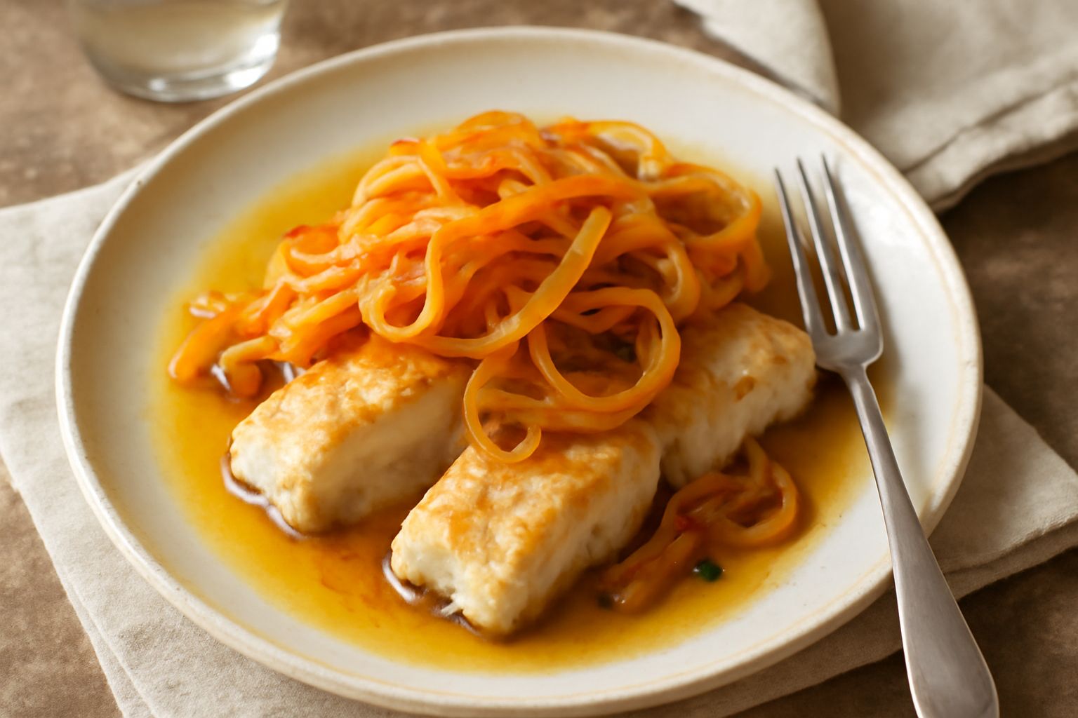 Filetti di nasello in carpione su un piatto bianco, ricoperti di verdure sottili e liquido agrodolce, con cipolla bianca e rosmarino fresco