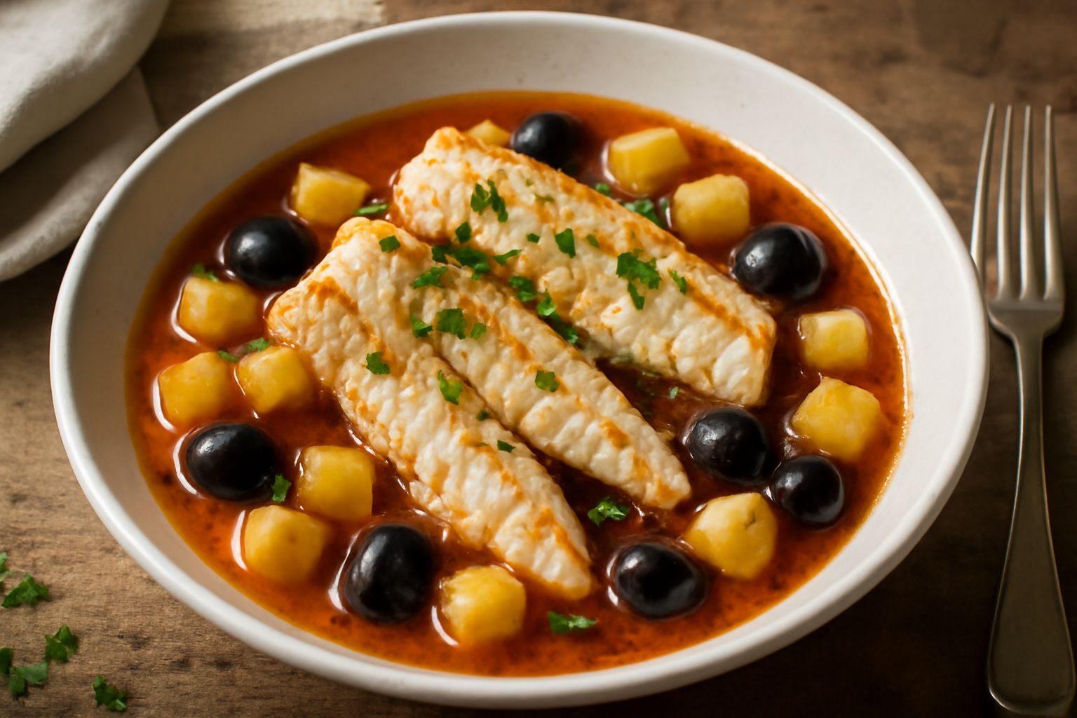 Nasello in umido servito in un piatto bianco, filetti bianchi con salsa rossa ai pomodori, olive nere sparse, dadini di patate tenere, prezzemolo fresco tritato in superficie, contorno nel piatto fond