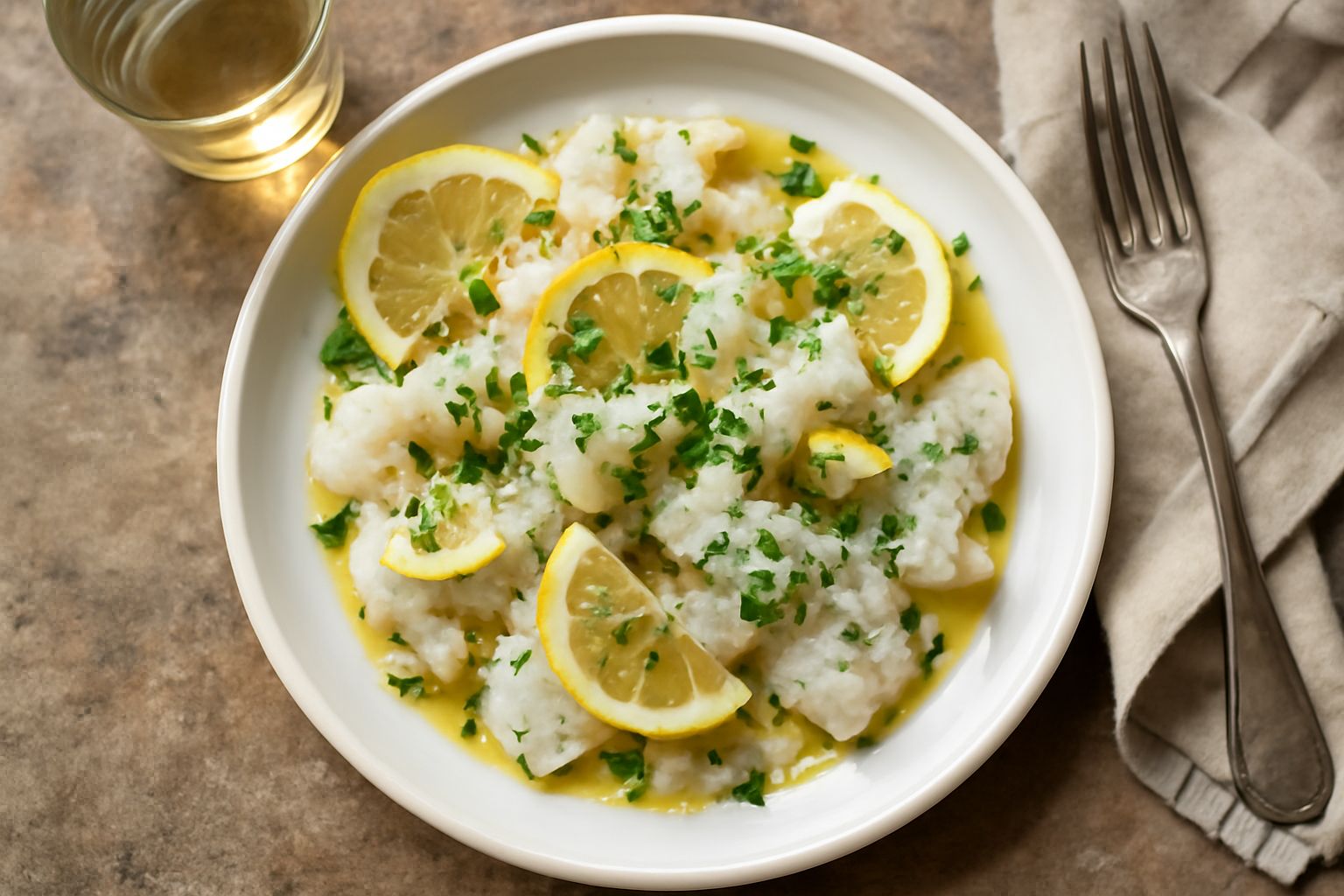 Nasello fresco filettato su piatto bianco con fette di limone giallo, olio d'oliva gocce trasparenti, peperoncino rosso e prezzemolo verde sfumato