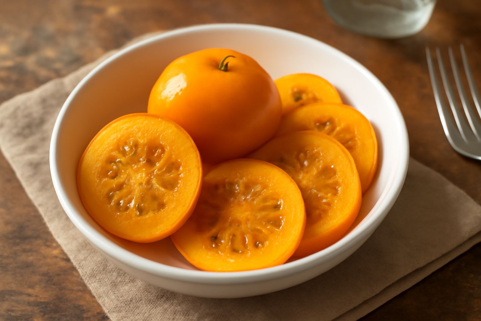 Nespole gialle e arancioni con foglie verdi, disposte in una ciotola di legno, tagliate a metà per mostrare la polpa gialla e i semi, su uno sfondo di lino bianco