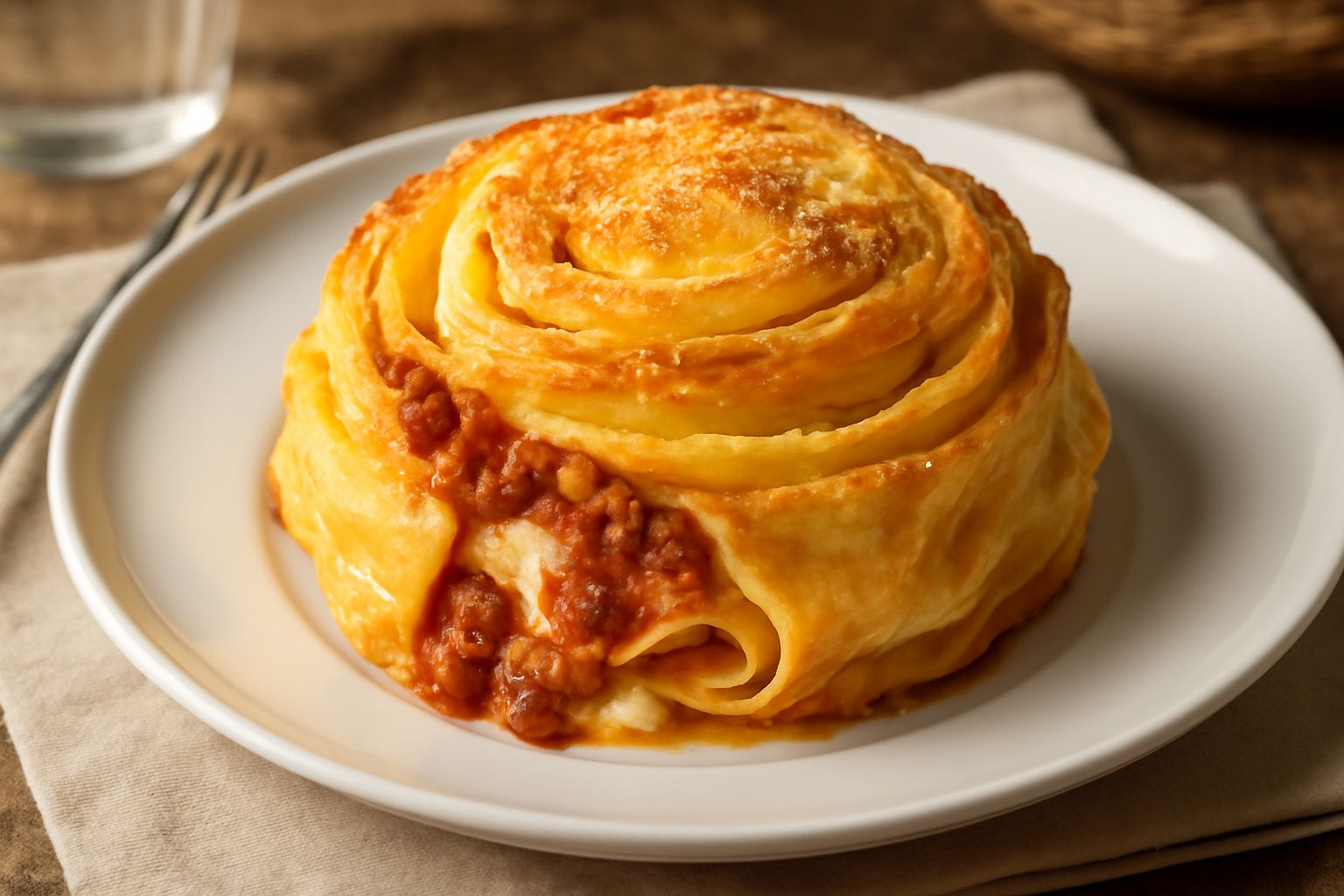 Nastro ripieno dorato al forno servito nel piatto bianco, con ragù visibile nel taglio, besciamella cremosa in superficie e parmigiano grattugiato, guarnito con prezzemolo fresco