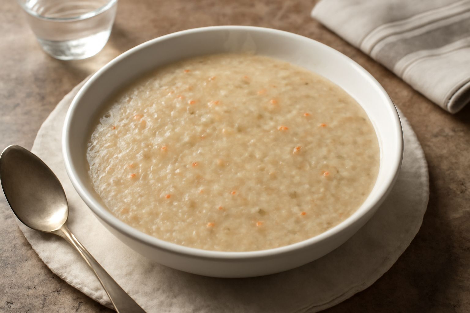 Zuppa navone in piatto fondo bianco, color beige cremoso con piccoli pezzetti di verdure visibili, vapore che sale, cucchiaio di legno appoggiato sul bordo, pane tostato accanto