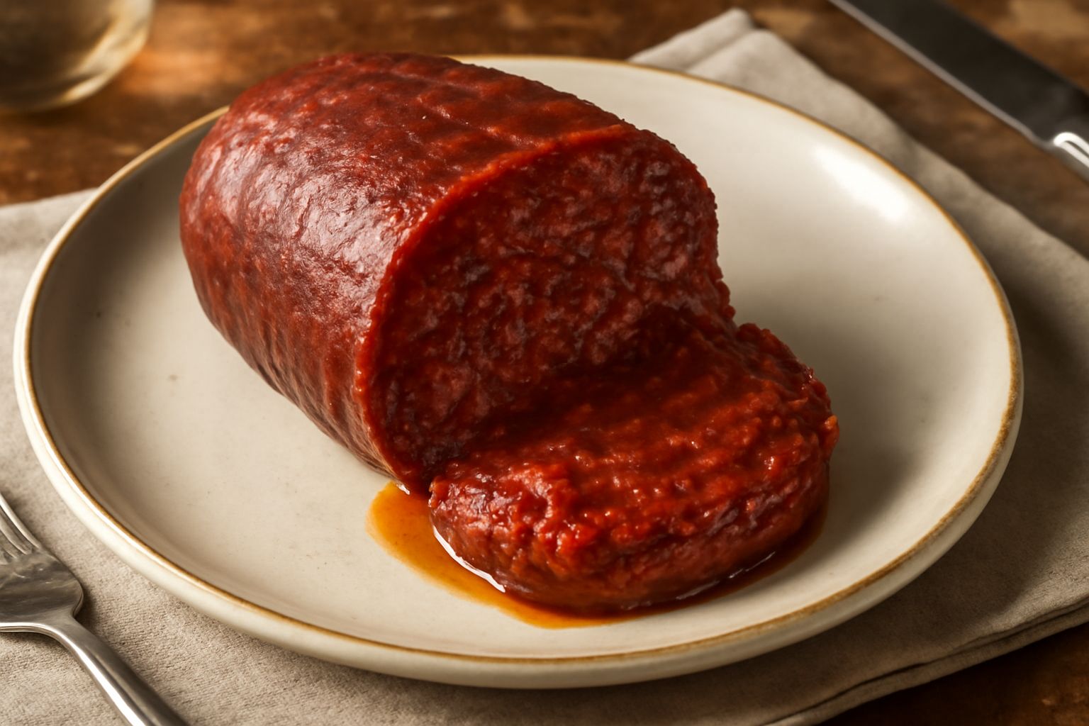 Nduja di Spilinga su fondo bianco: insaccato scuro rossiccio, cremoso, con goccioline visibili sulla superficie, tagliato a fette spesse che mostrano la consistenza morbida