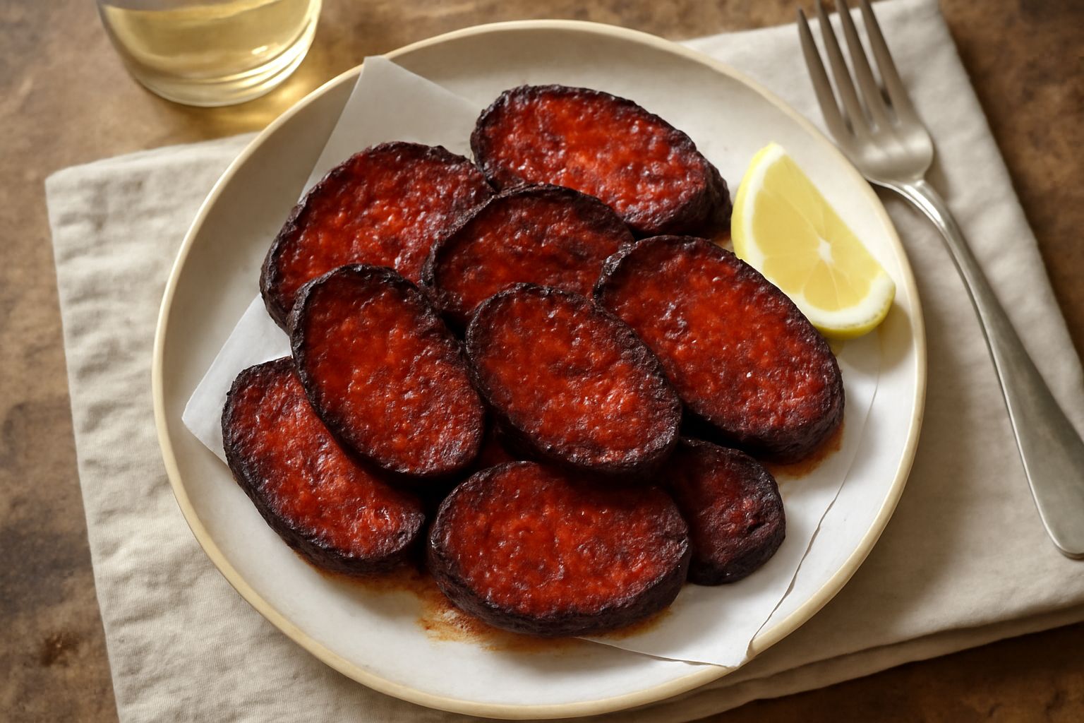 Fette di nduja fritta dorate e croccanti su carta assorbente, con surface brillante e leggermente annerita ai bordi, guarnite con peperoncino fresco